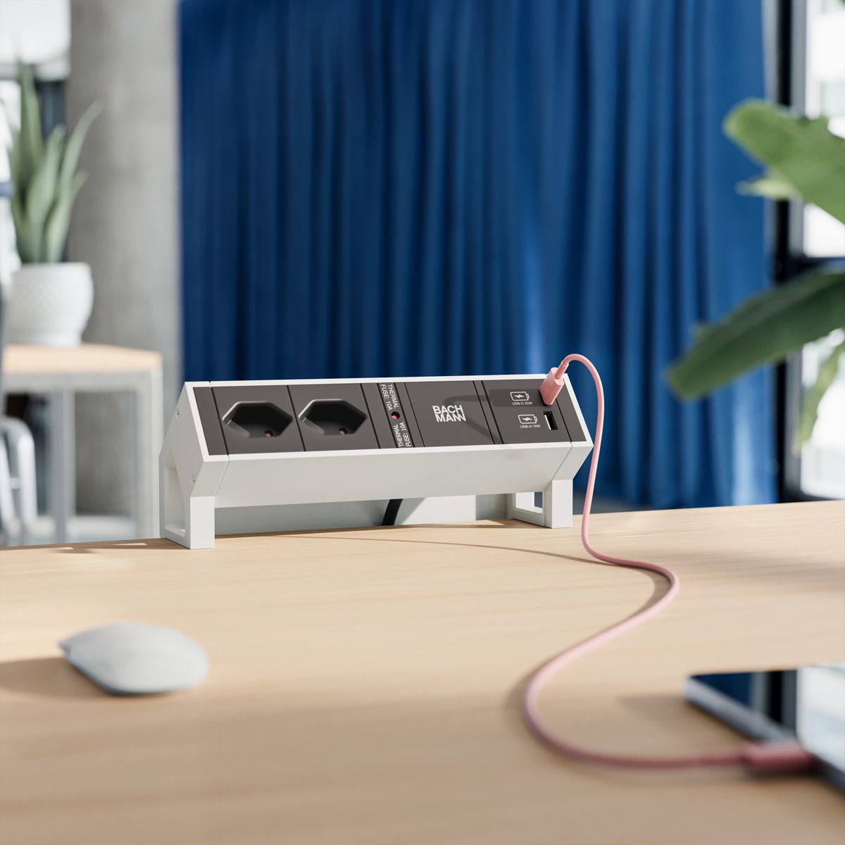 BACHMANN DESK2 2xCH 1xUSB A/C 22W, 0.2m GST18 RAL9010 Switzerland