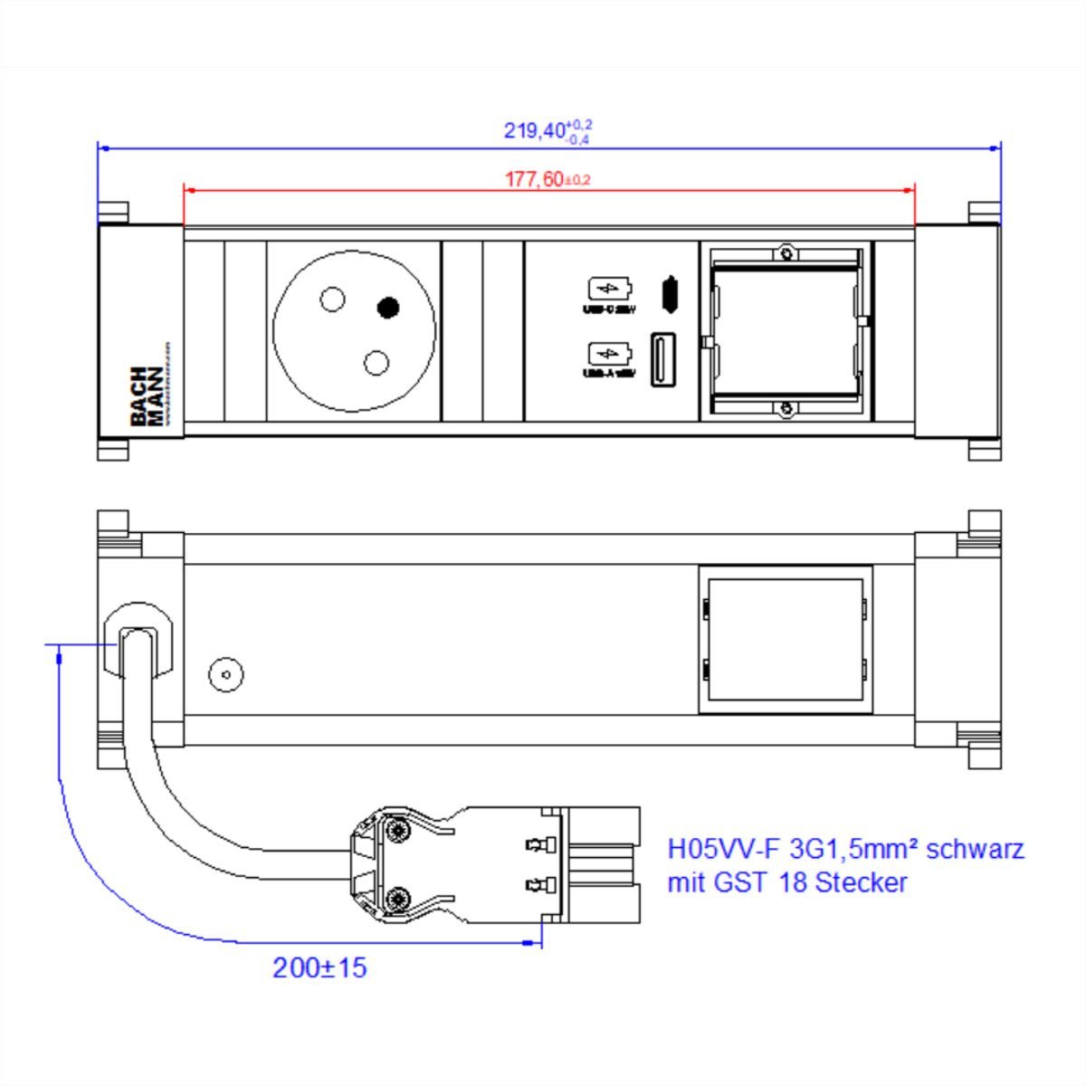 BACHMANN POWER FRAME S 1xUTE 1xCM 1xUSB A/C 22W 0.2m GST18