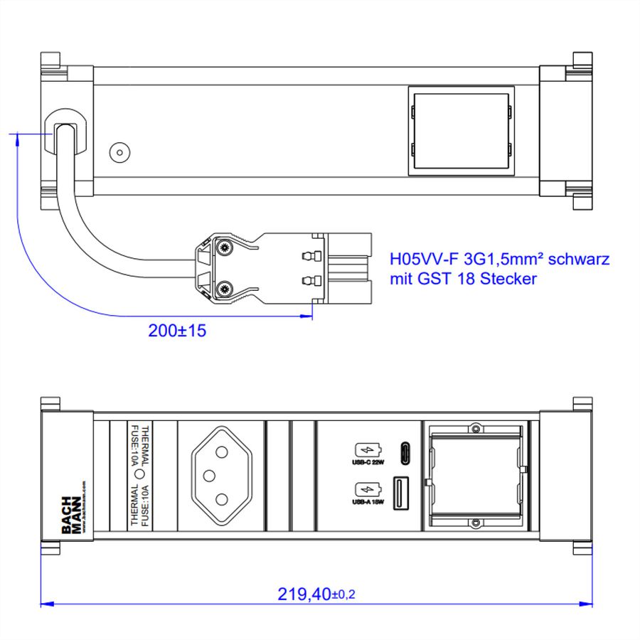 BACHMANN POWER FRAME S 1xCH 1xCM, 1xUSB A&C 22W 0.2m GST18 Switzerland