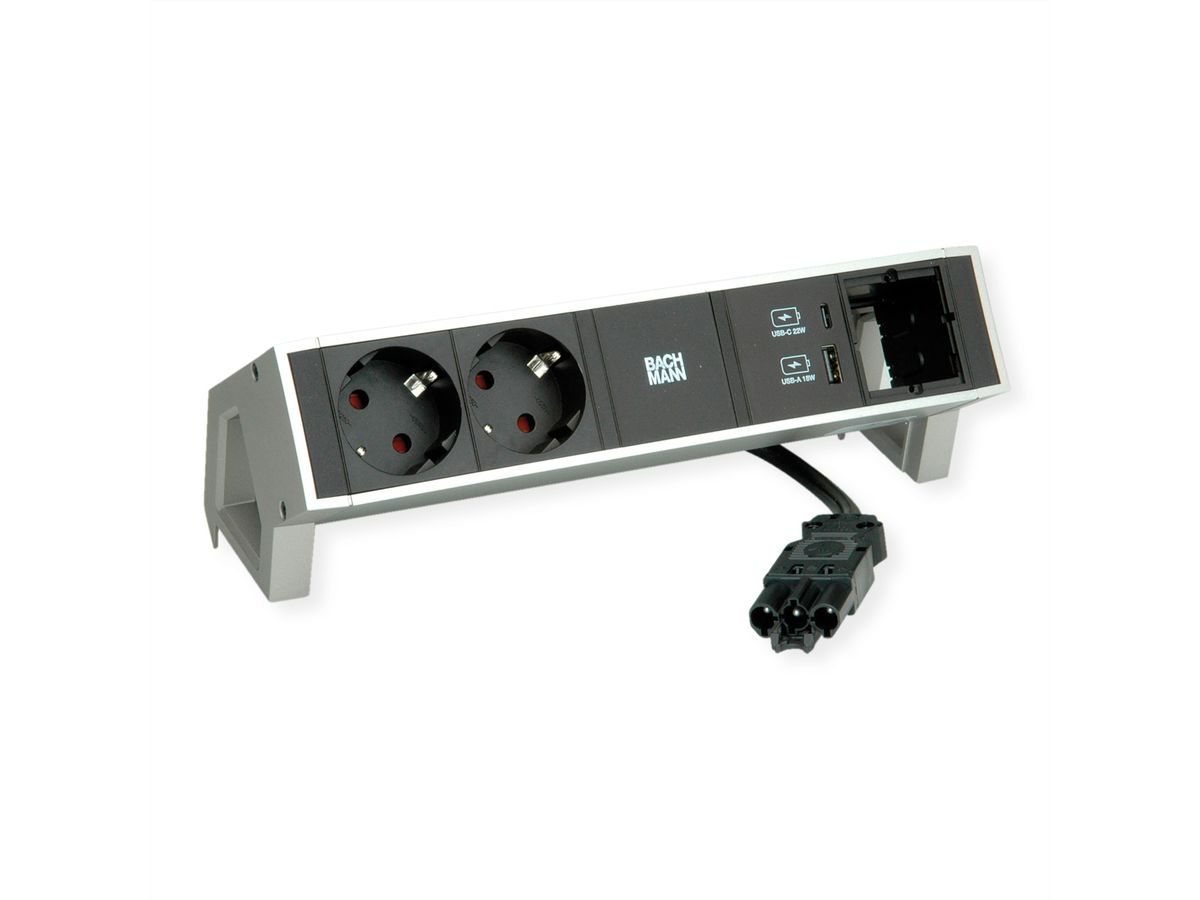 BACHMANN DESK2 2xbeschermend contact USB A&C, USB Lader 22W 1xABD 0,2m GST18 INOX