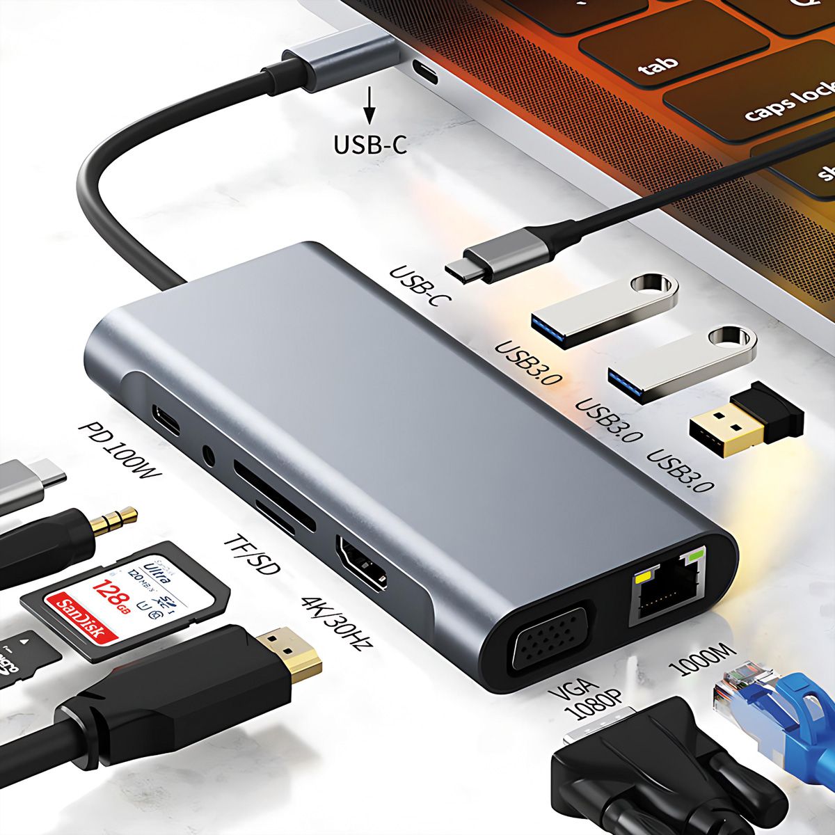VALUE Dockingstation Type C, 1x HDMI 4K30, 1x VGA 1080p, 1x Gigabit Ethernet, 3x USB 3.2 Gen1 (A), 1x USB 2.0 (C), 1x SD/TF, 1x Audio, 1x Type C PD (Power Delivery)