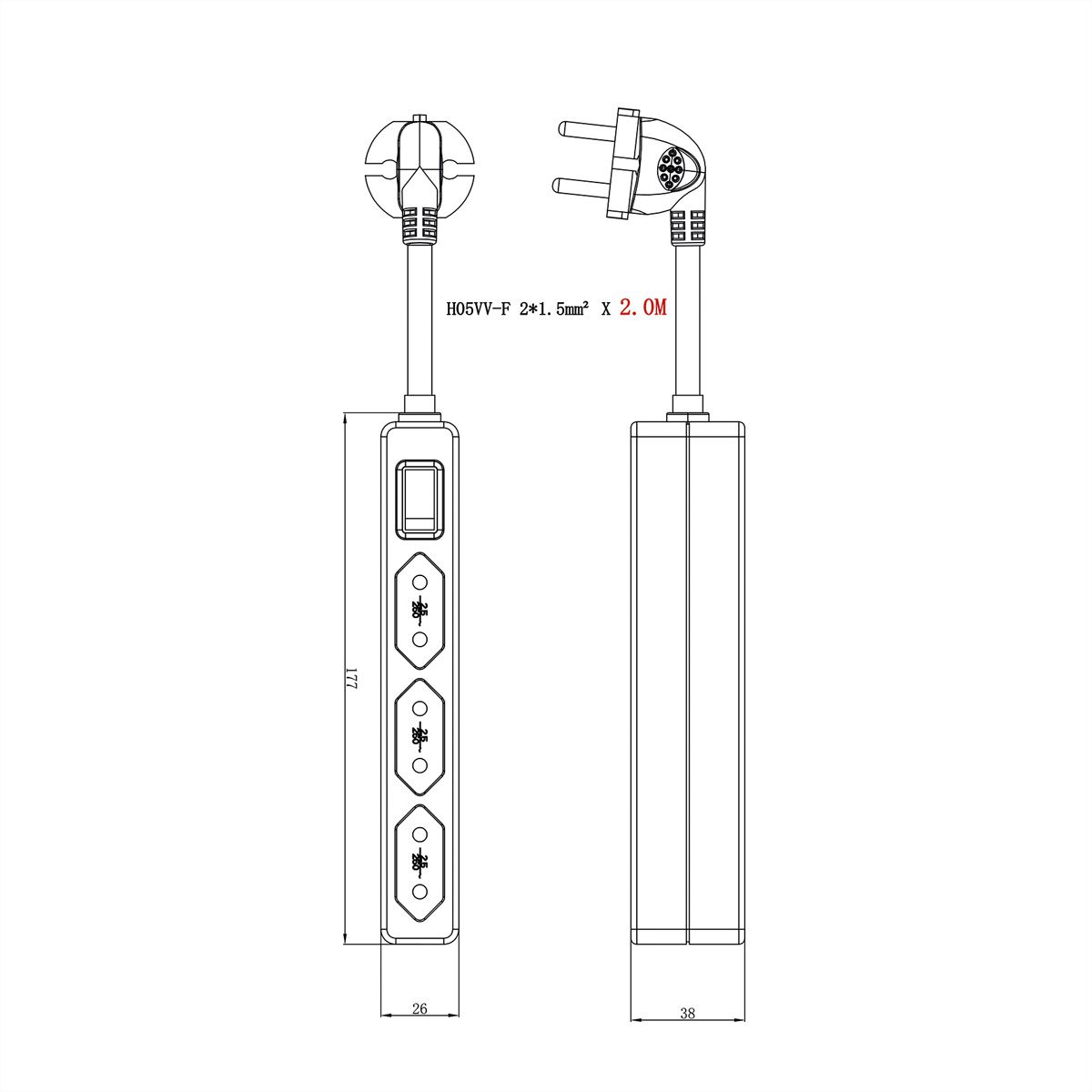 VALUE Power Strip 2-Pin Euro Type, 3-way, with Switch, white, 1.5 m