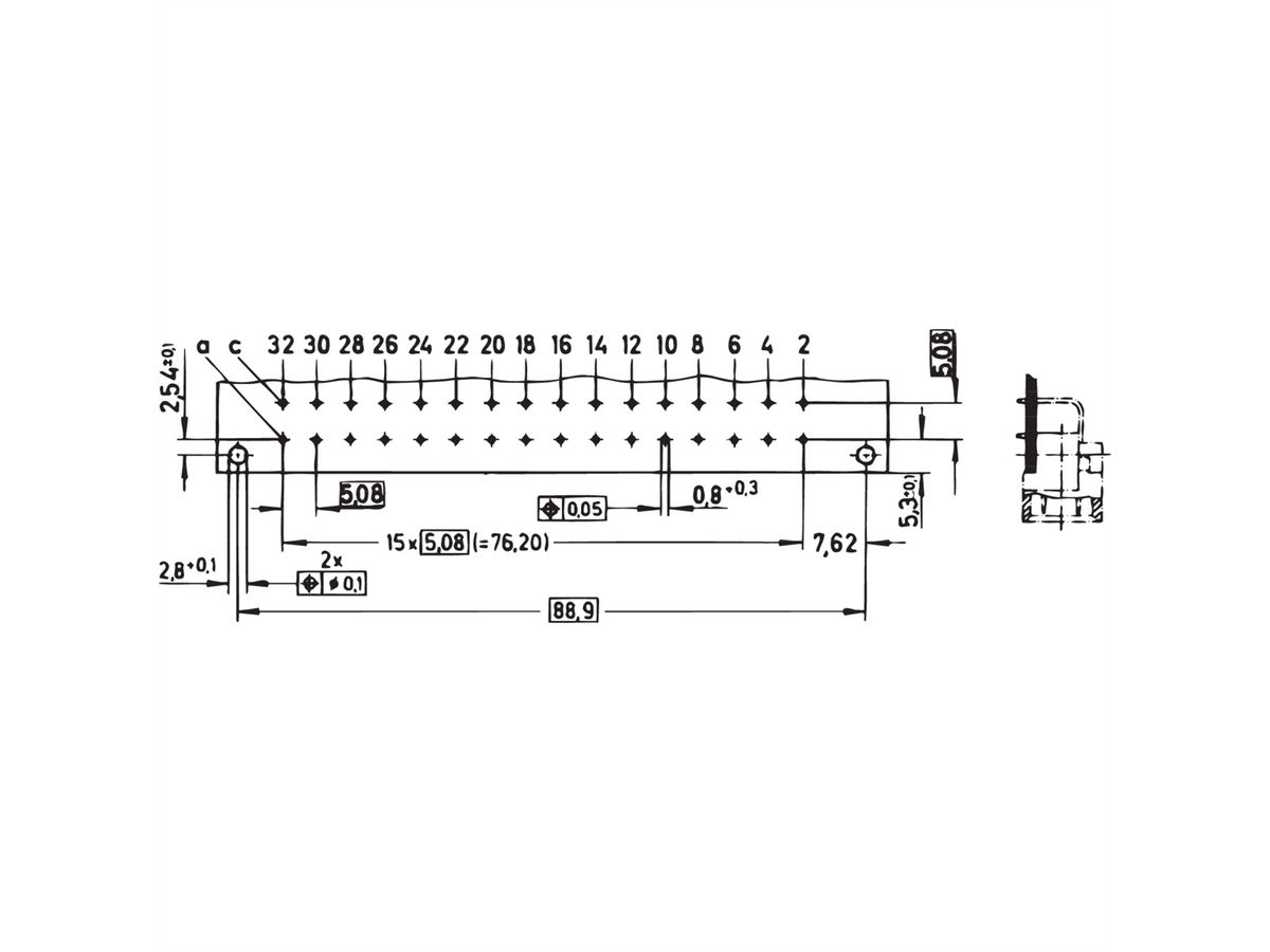 SCHROFF Stekker Type D, EN 60603, DIN 41612, Mannelijk, 32 Contacten, Soldeerogen, 3 mm