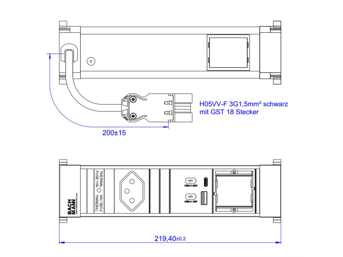 BACHMANN POWER FRAME S 1xCH 1xCM, 1xUSB A&C 22W 0.2m GST18 Switzerland