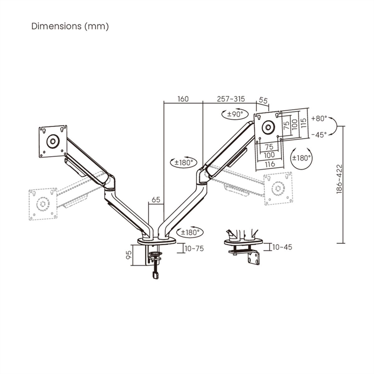 STANDARD Dual-Monitorarm, Mechanische Feder, 17–32 Zoll, max. 2 × 10 kg, schwarz