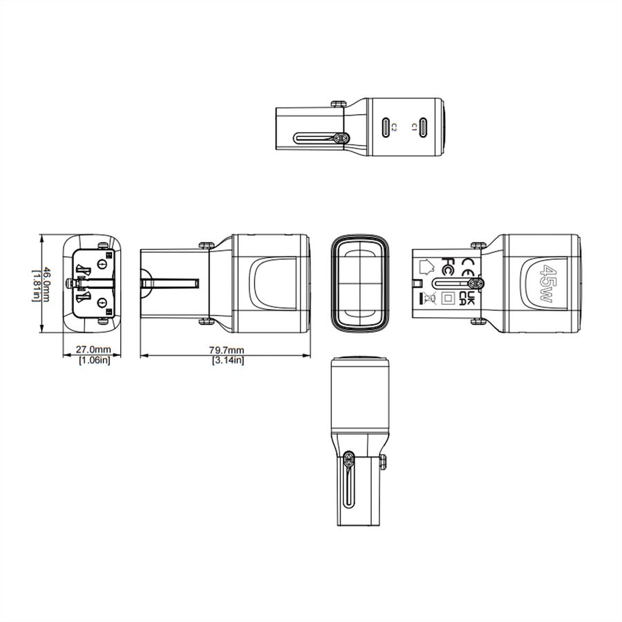 VALUE reisoplader met platte Euro/UK/US stekker, 2 USB-C-poorten, 45 W