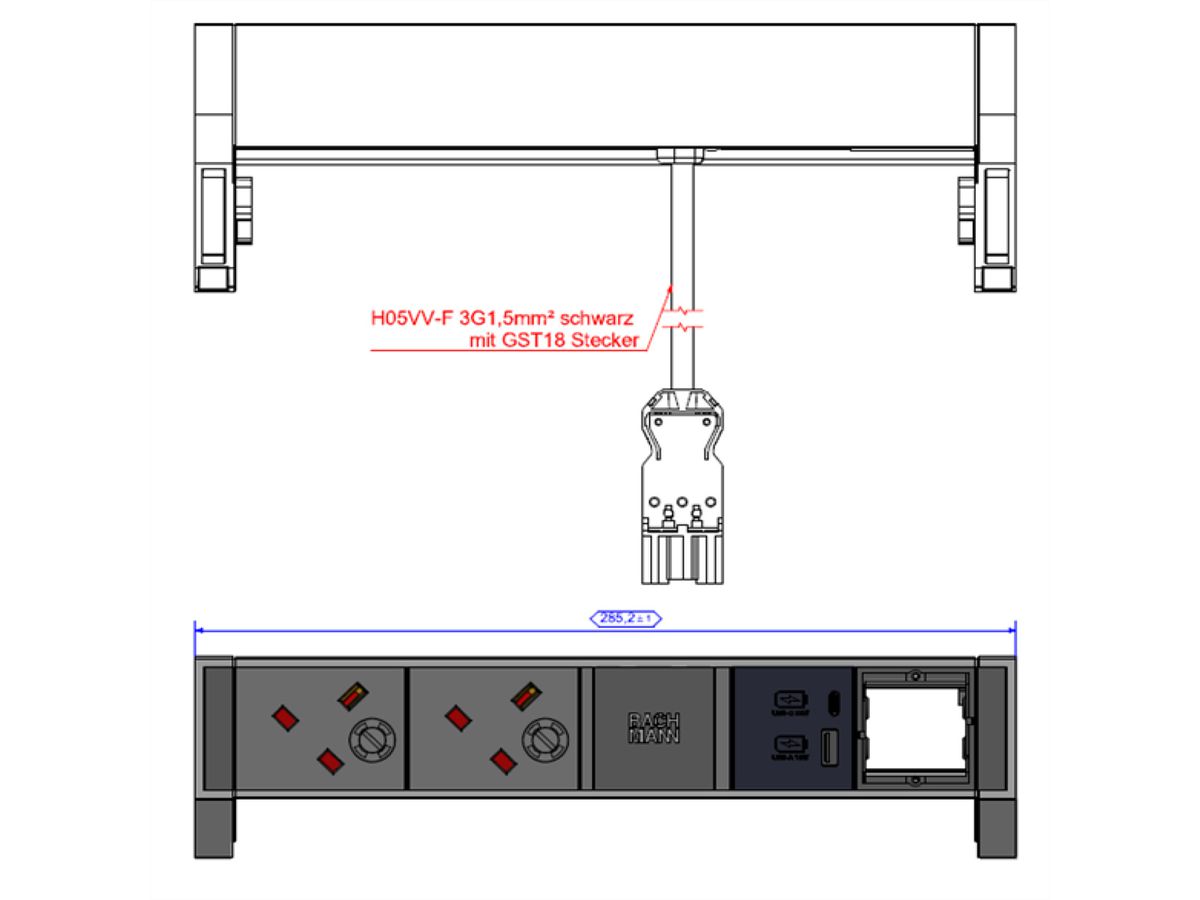 BACHMANN DESK2 2xUK 1xUSB A/C 22W 1xCM, 0.2m GST18 INOX United Kingdom
