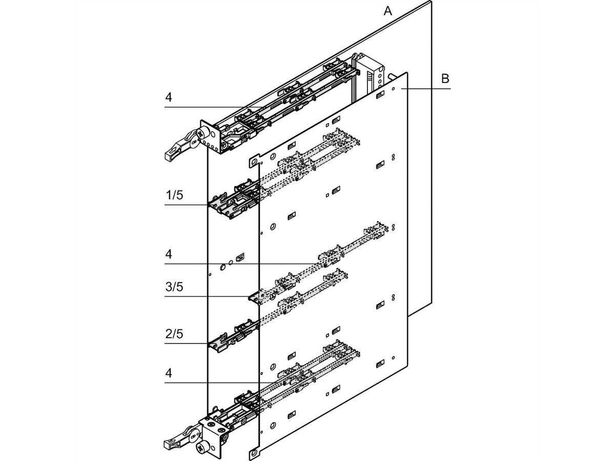 SCHROFF printplaatgeleiders/moeren voor AdvancedMC, tussen afdekking A (links) en B (rechts)