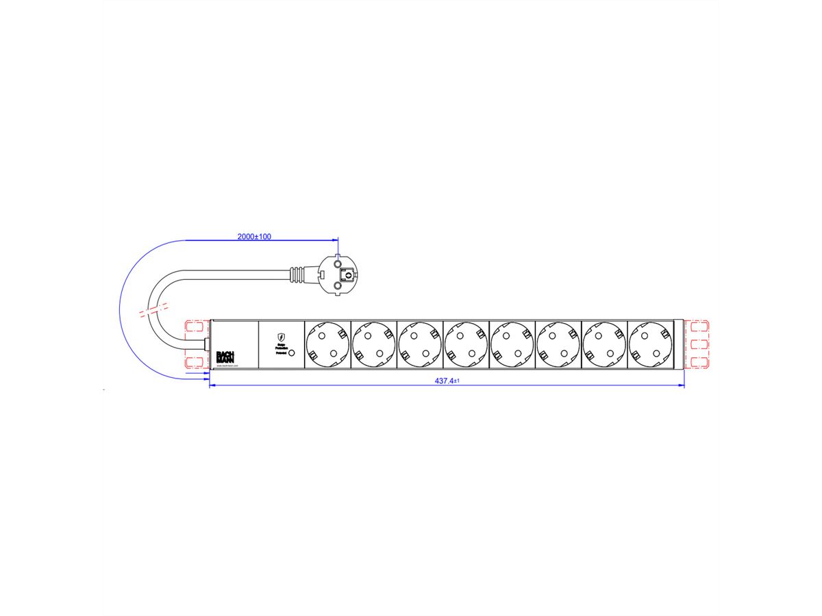 BACHMANN 19" 1U 8xCEE7/3 RAL7035 1xSPD-Plus 2,0m CEE7/7