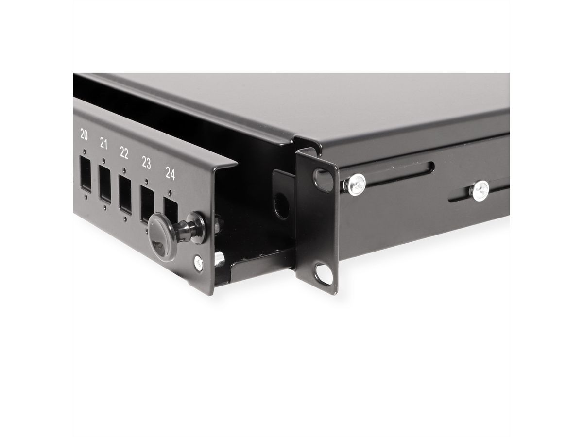 VALUE 19" glasvezel patchbox, leeg 1 HE, uittrekbaar, geschikt voor 24x SC-DX of 24x LC 4-voudig
