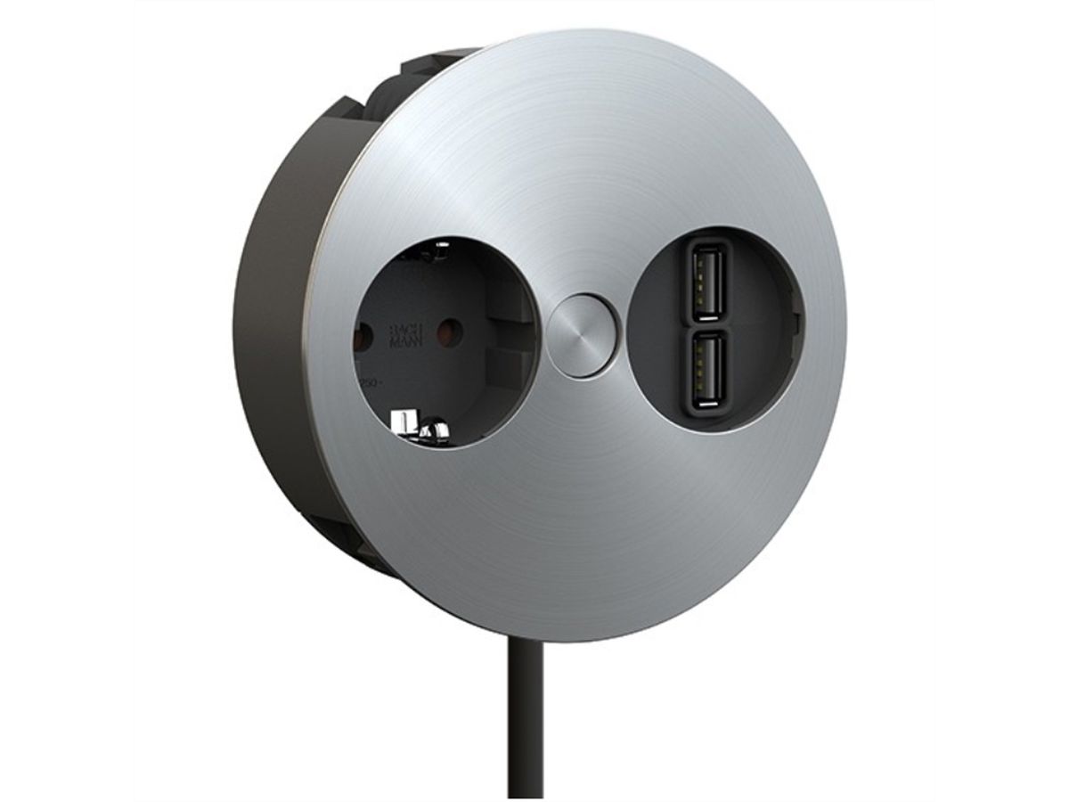 BACHMANN TWIST 1x earthing contact, Wire end ferrules, USB charger, earthing contact mounting plug, Stainless steel, 2 m