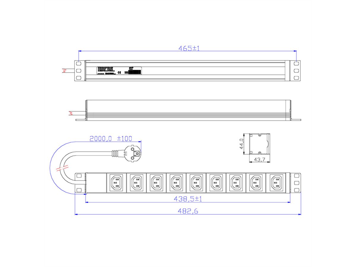 BACHMANN 19" socket strip with 9x C13 sockets, with earthing contact plug