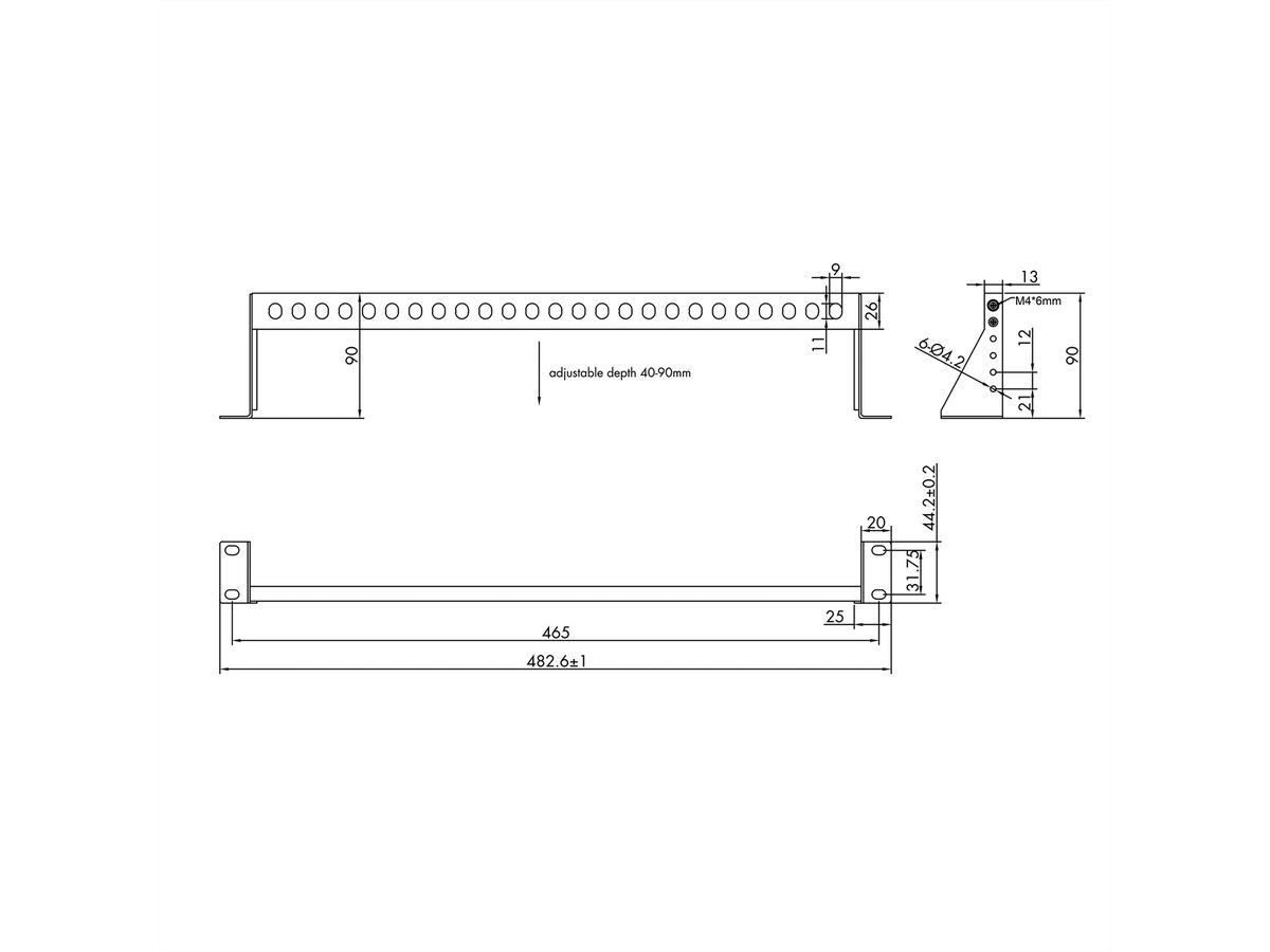 VALUE 19" 1U Rack Mountable Cable Management Bar, (horizontal) with adjustable Depth, black