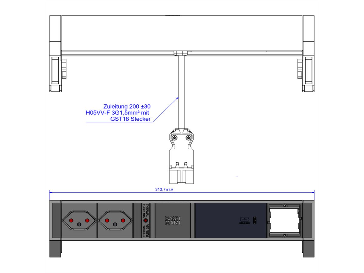 BACHMANN DESK2 2xCH 1xUSB C 60W 1xCM, 0,2m GST18 RAL9005 Zwitserland