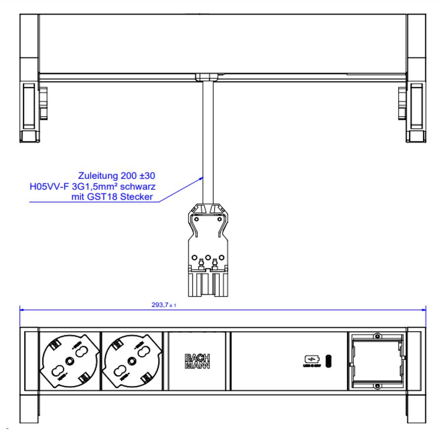 BACHMANN DESK2 ALU ZWART 2xP40 1xCM, 1xUSBC 60W 0,2m GST18 Italië