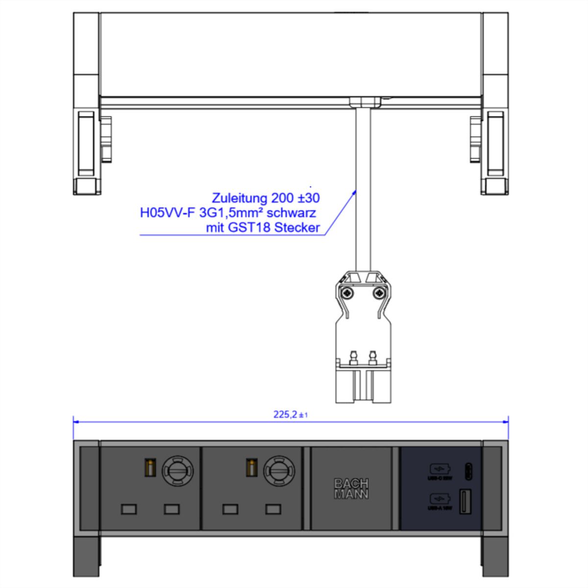 BACHMANN DESK2 2xUK 1xUSB A/C 22W, 0,2m GST18 INOX Verenigd Koninkrijk