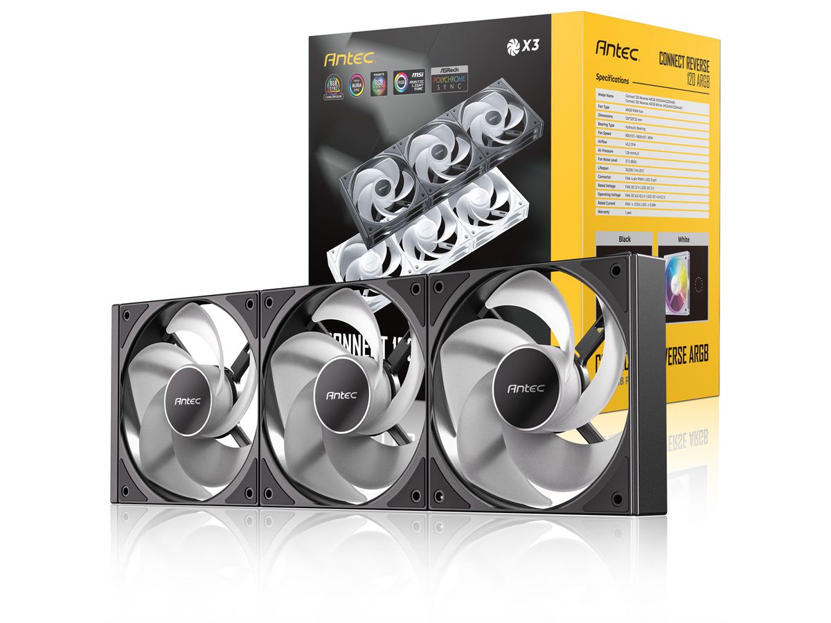 ANTEC C120 ARGB Fan Reverse PC Case Fan 120mm 3-in-1-Pack, black