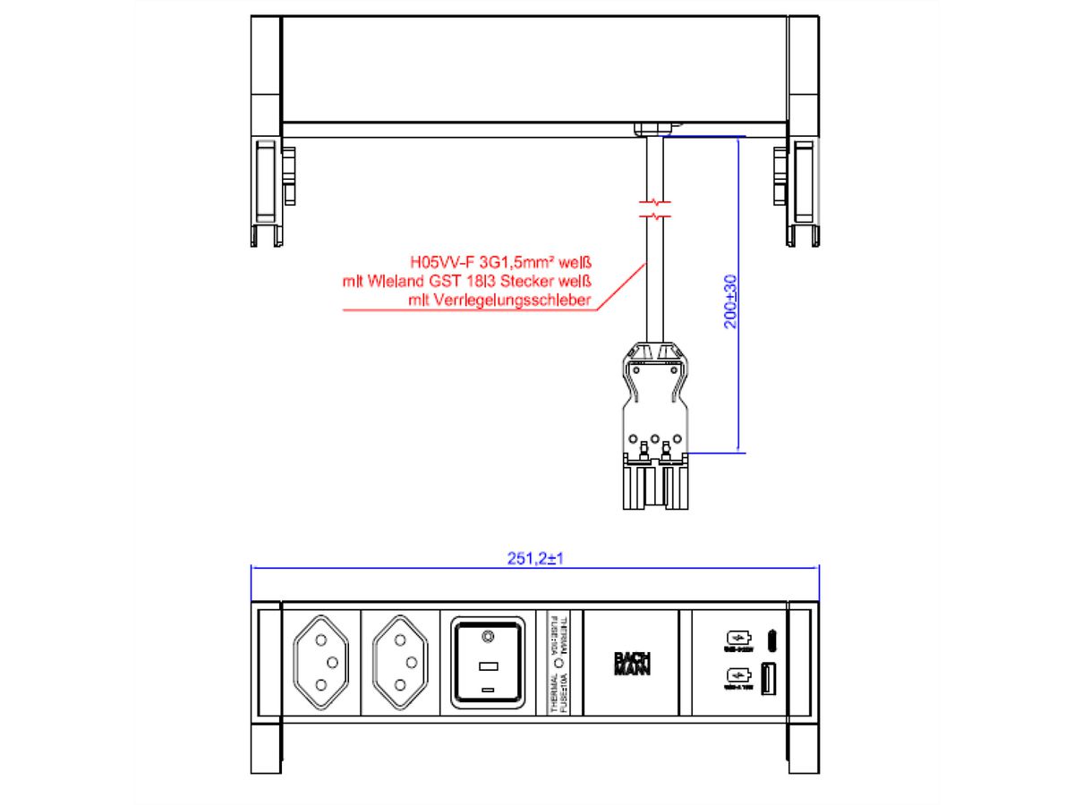BACHMANN DESK2 white 2xCH 0° 1xswitch 1xUSB A/C 22W 0,2m GST18,ws
