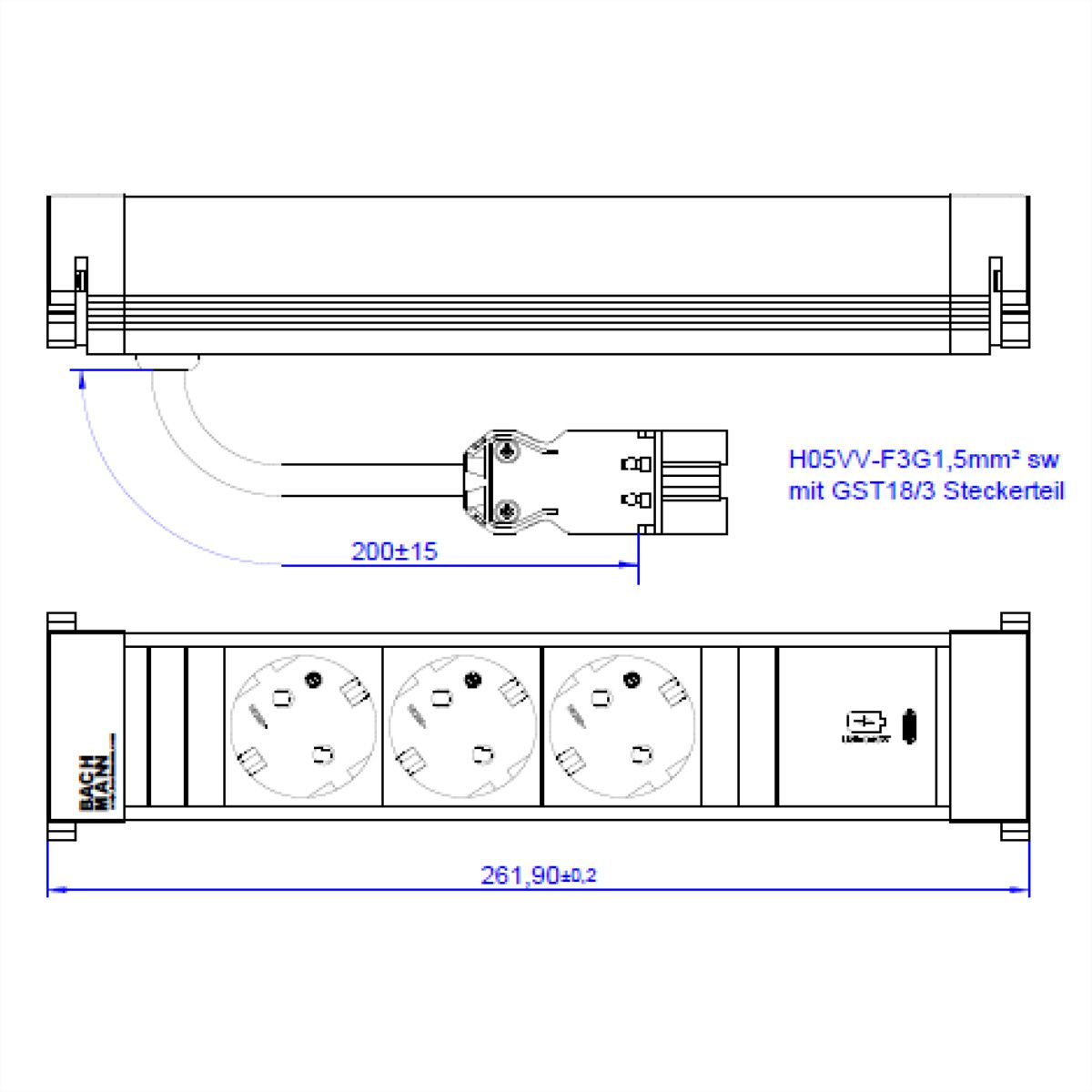 BACHMANN POWER FRAME M 3xCEE7/3, 1xUSB C 30W 0.2m GST18