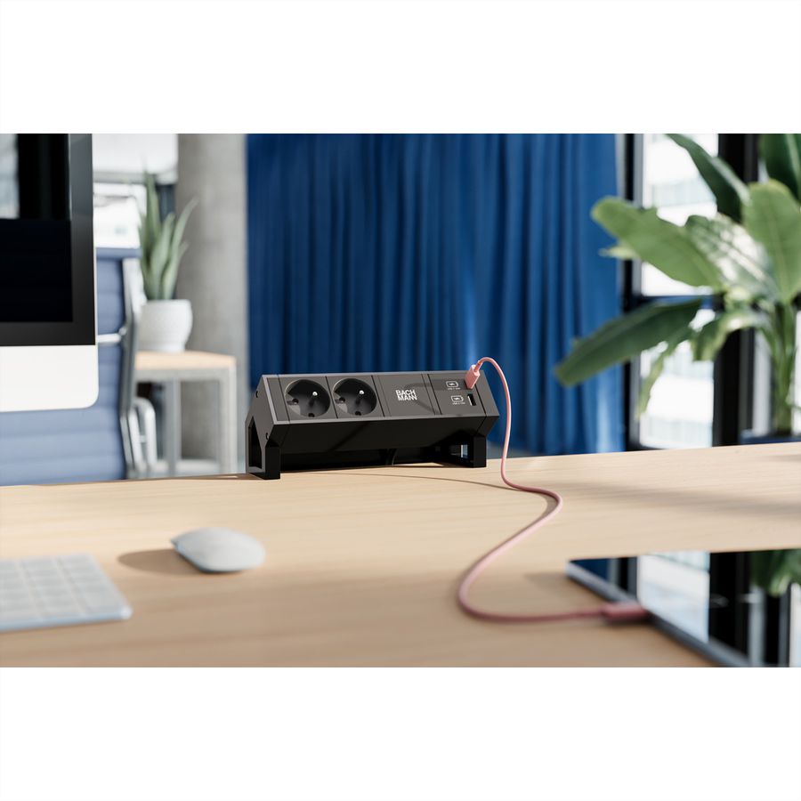 BACHMANN DESK 2 Stekkerdoos 2x UTE, 1x USB A&C 22W, zwart, 0,2 m