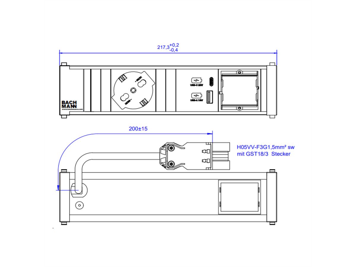 BACHMANN CONI 1xP40 1x USB A&C 22W 1xCM, 0.2m GST18 Italia
