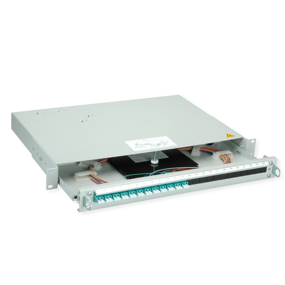 TELEGÄRTNER PROFI V LWL-Panel mit Kupplungen & Pigtails, 12x LC Duplex, türkis, OM3, Grade B