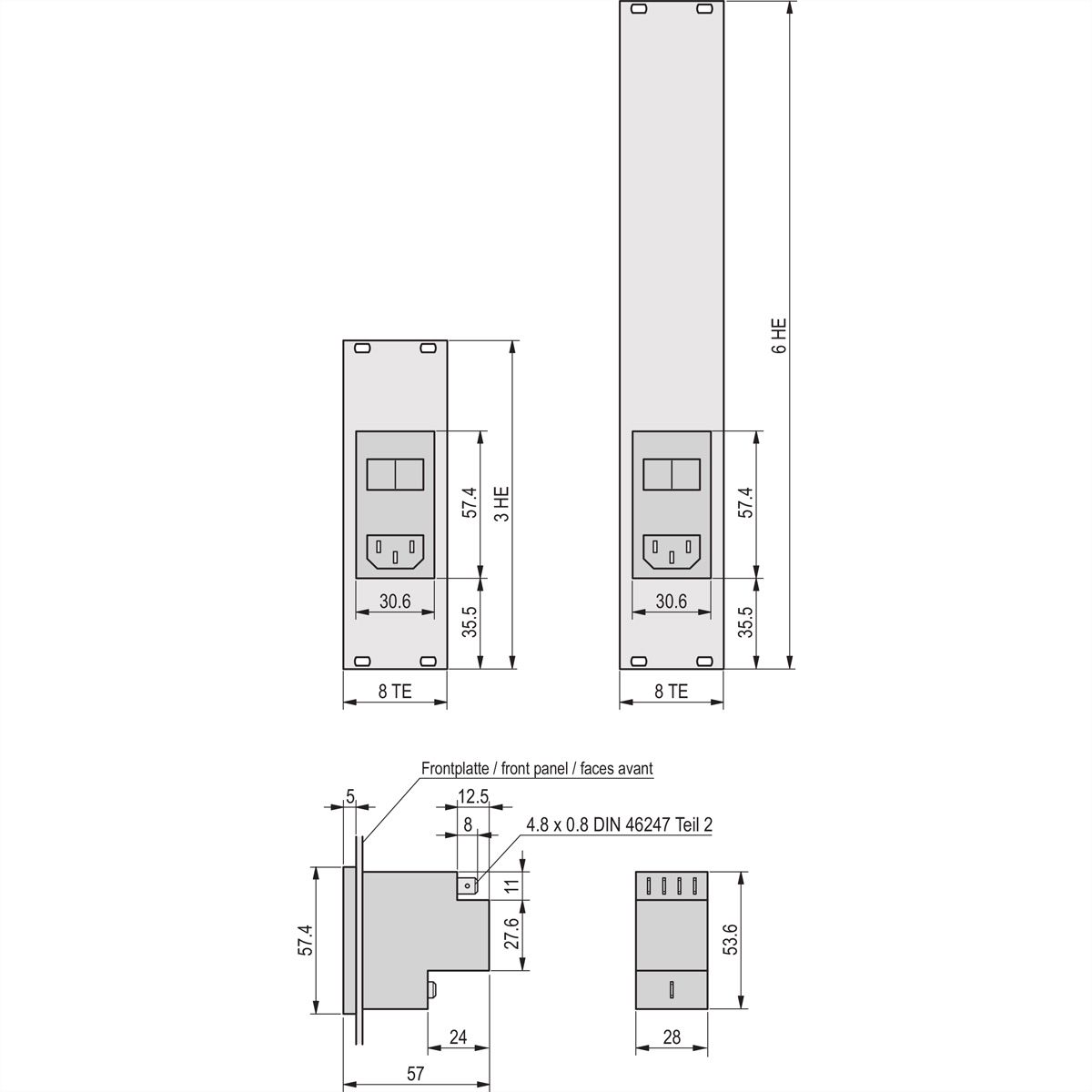 SCHROFF Front Panel with AC Input Module, 3 U, 8 HP, 2.5 mm, Al, Anodized, Untreated Edges
