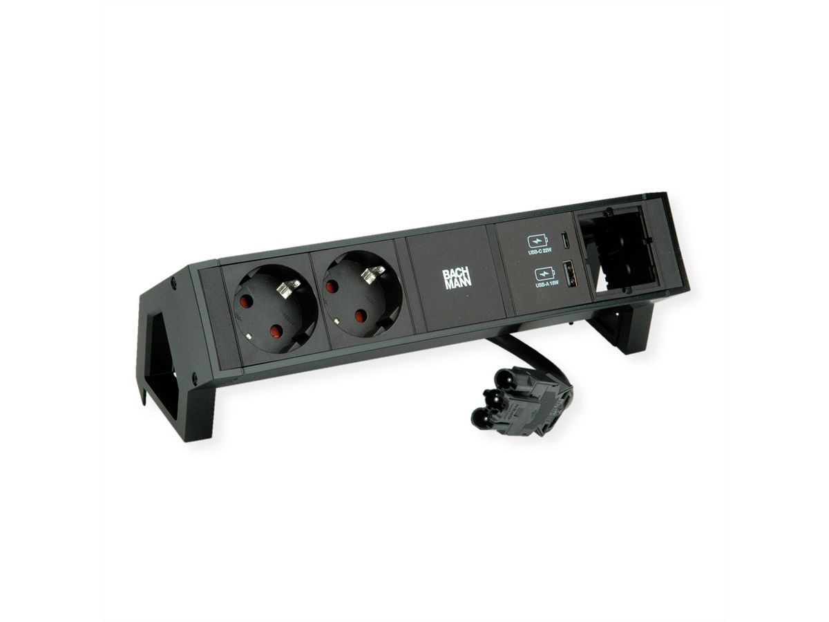 BACHMANN DESK2 2xbeschermend contact USB A&C, USB Lader 22W 1xABD 0,2m GST18 zwart