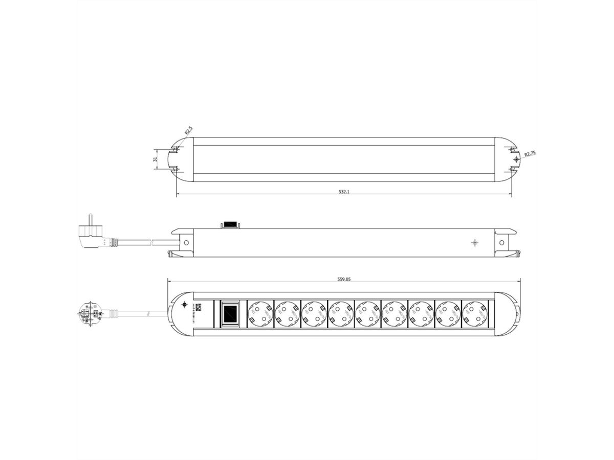 BACHMANN PRIMO stekkerdoos 9x geaard contact, aluminium, met schakelaar, 1,75 m