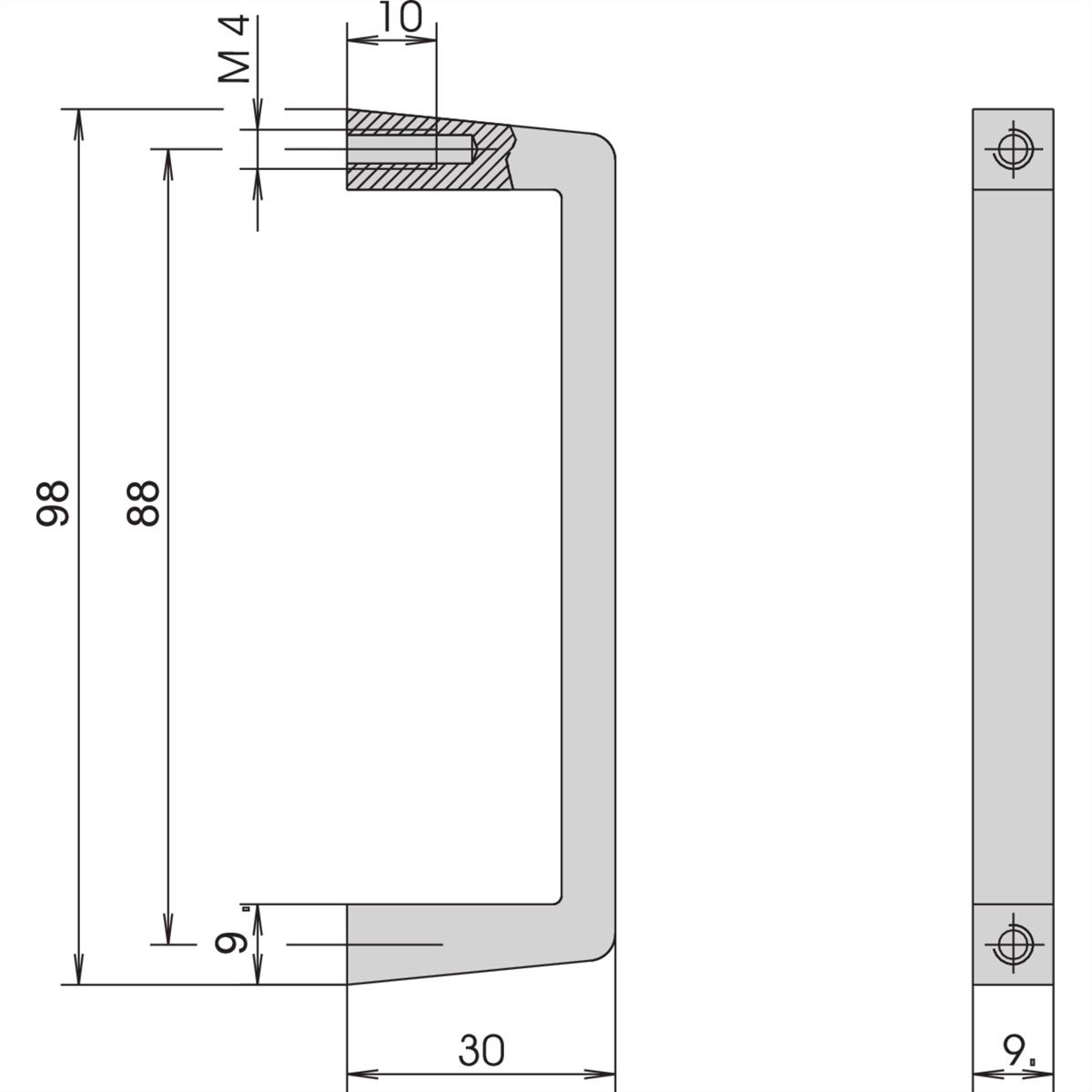 SCHROFF Voorste handgreep, breedte 9 mm, hoogte 98 mm
