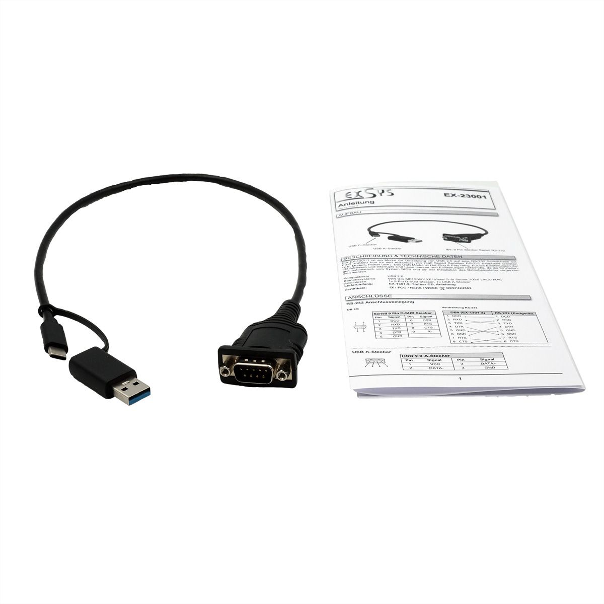 EXSYS EX-23001 USB 2.0 mit C- und A-Stecker zu 1 x Seriell RS-232 Kabel mit 9 Pin Stecker FTDI Chip-Set