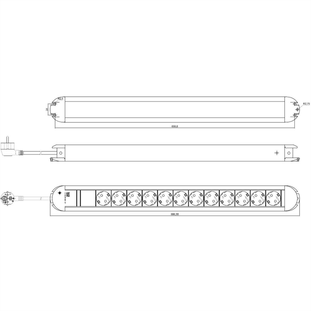 BACHMANN PRIMO stekkerdoos 12x geaard contact, aluminium, 1,75 m