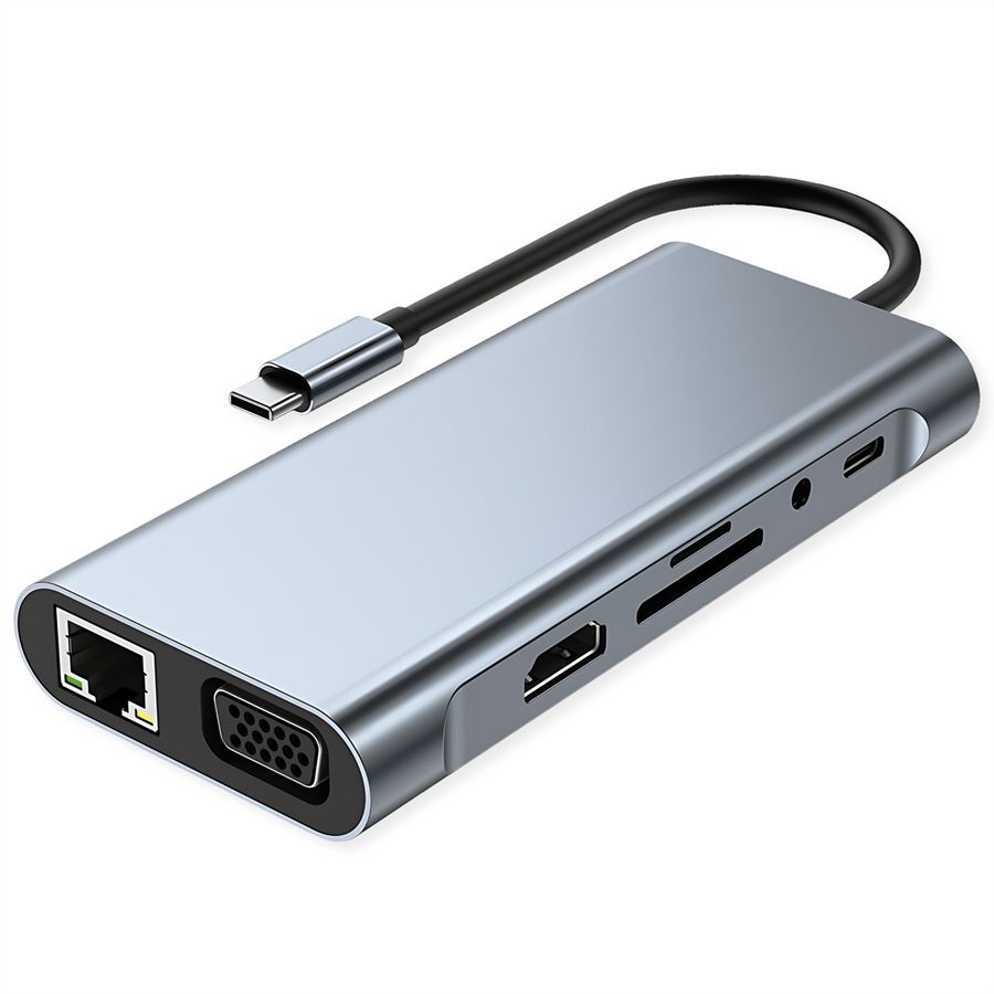 VALUE Dockingstation Type C, 1x HDMI 4K30, 1x VGA 1080p, 1x Gigabit Ethernet, 3x USB 3.2 Gen1 (A), 1x USB 2.0 (C), 1x SD/TF, 1x Audio, 1x Type C PD (Power Delivery)