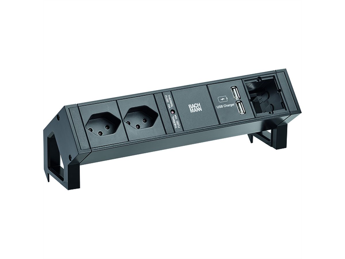 BACHMANN DESK2 2xCH USB Oplader 1xCM, Stroom 0,2m GST18 RAL9005 Zwitserland