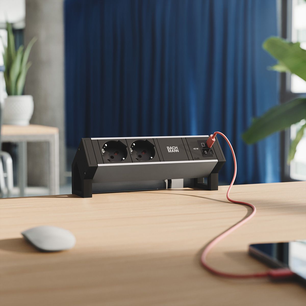 BACHMANN DESK2 ALU BLACK 2xP40, 1xUSB C/C 45W L=0,2m