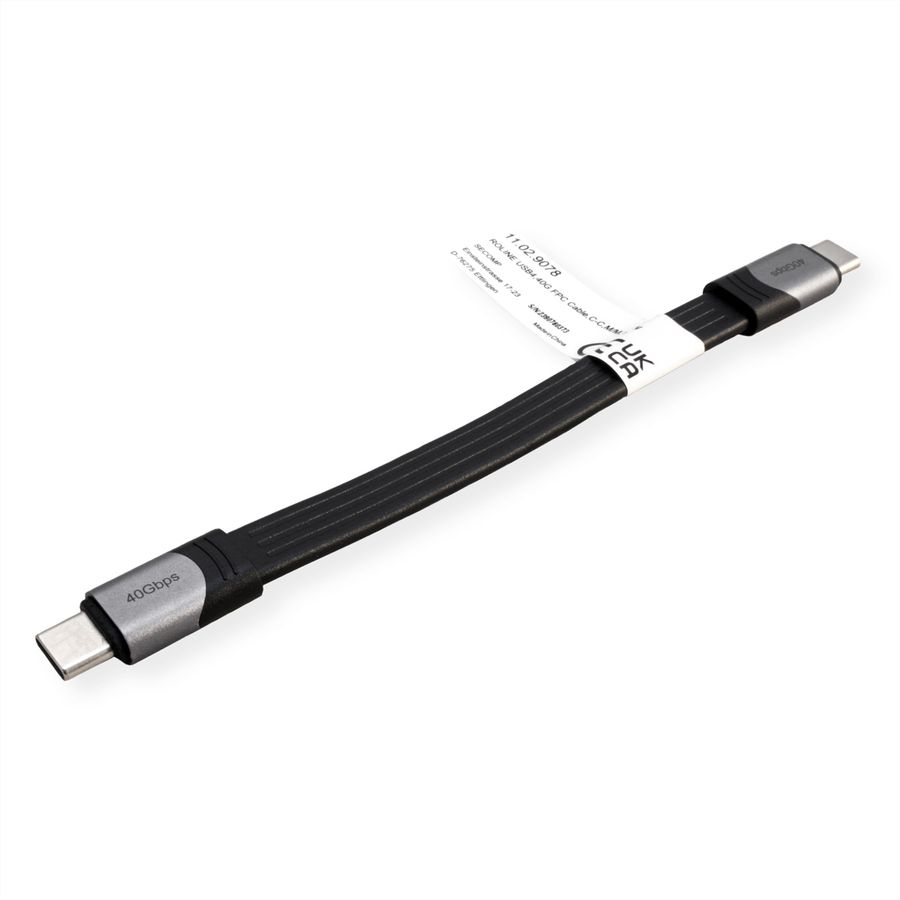 ROLINE USB4 Gen3x2 kabel, C-C, M/M, 8K UHD-2, 40Gbit/s, 100W, extra plat, zwart, 15 cm