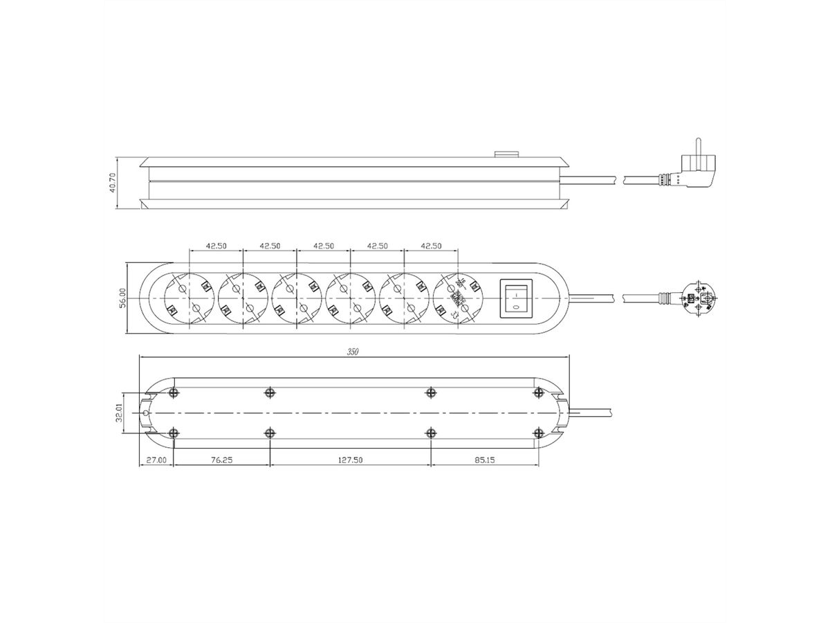 BACHMANN SMART socket strip 6x earthing contact, aluminium, with switch, white, 3 m