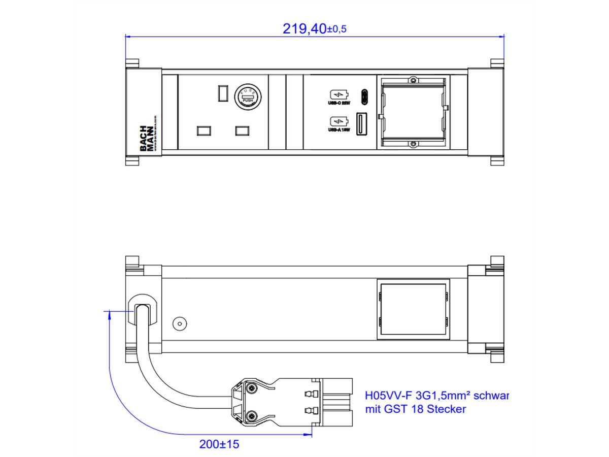 BACHMANN POWER FRAME S 1xUK 1xCM, 1xUSB A&C 22W 0.2m GST18 United Kingdom