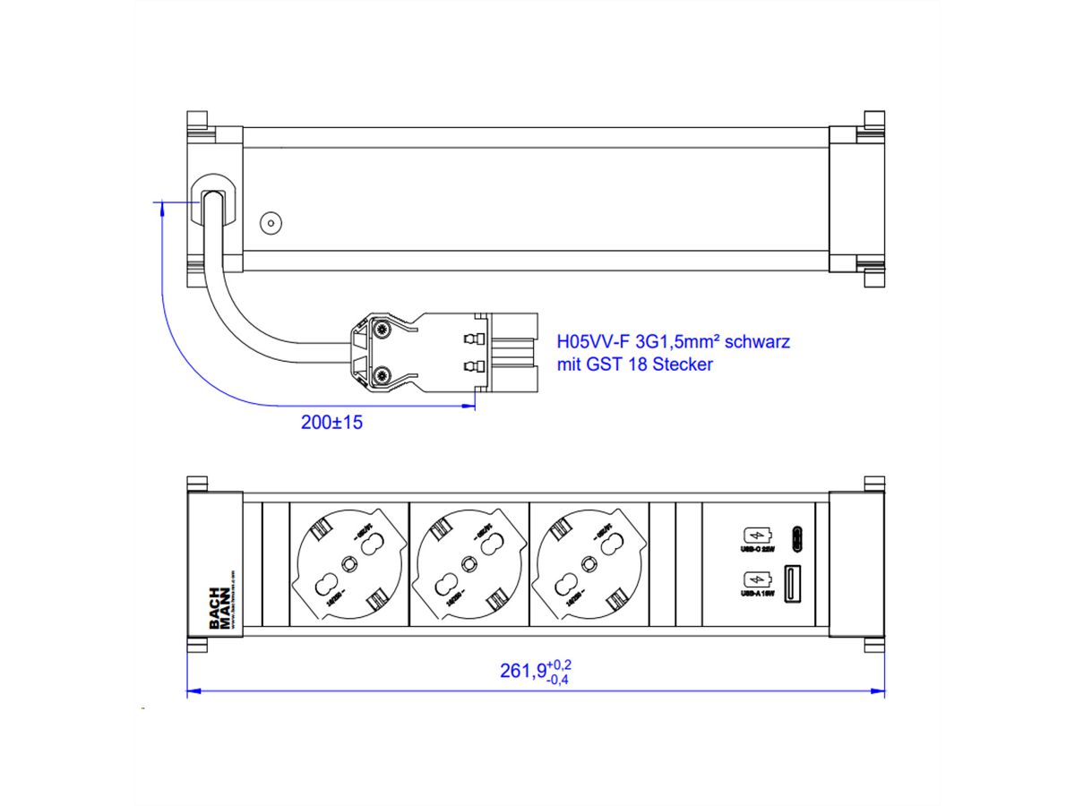 BACHMANN POWER FRAME M 3xP40, 1xUSB A&C 22W 0.2m GST18 Italia