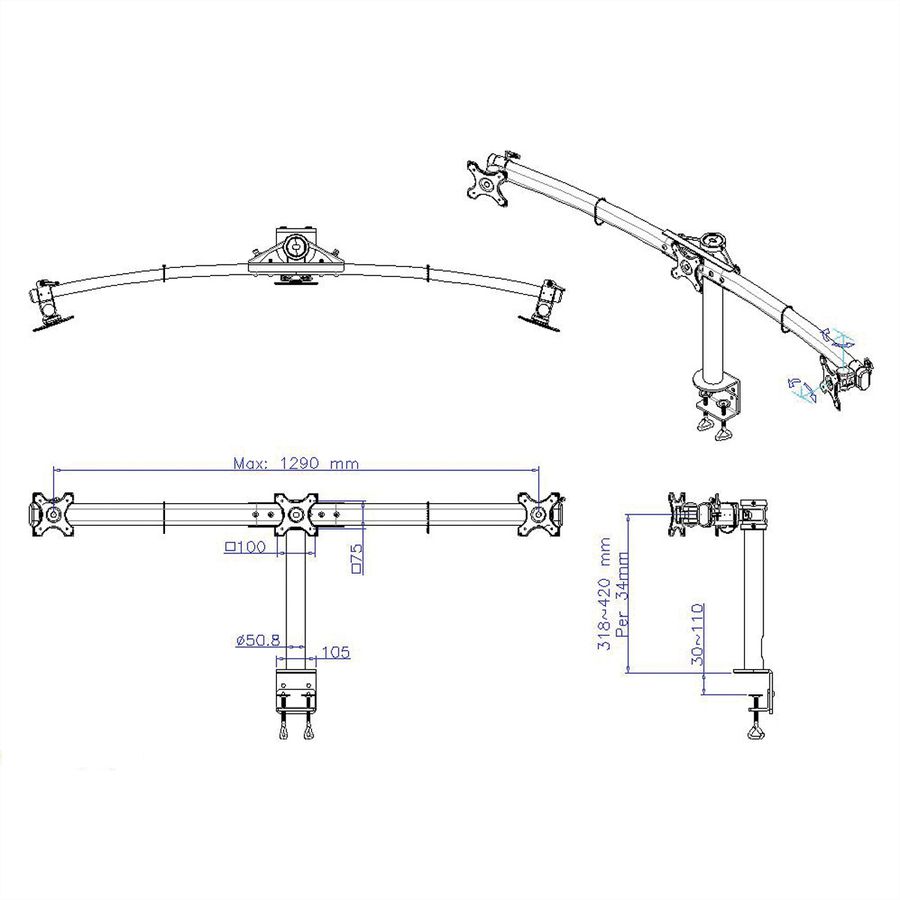VALUE Drievoudige LCD-arm, tafelmontage, zwart