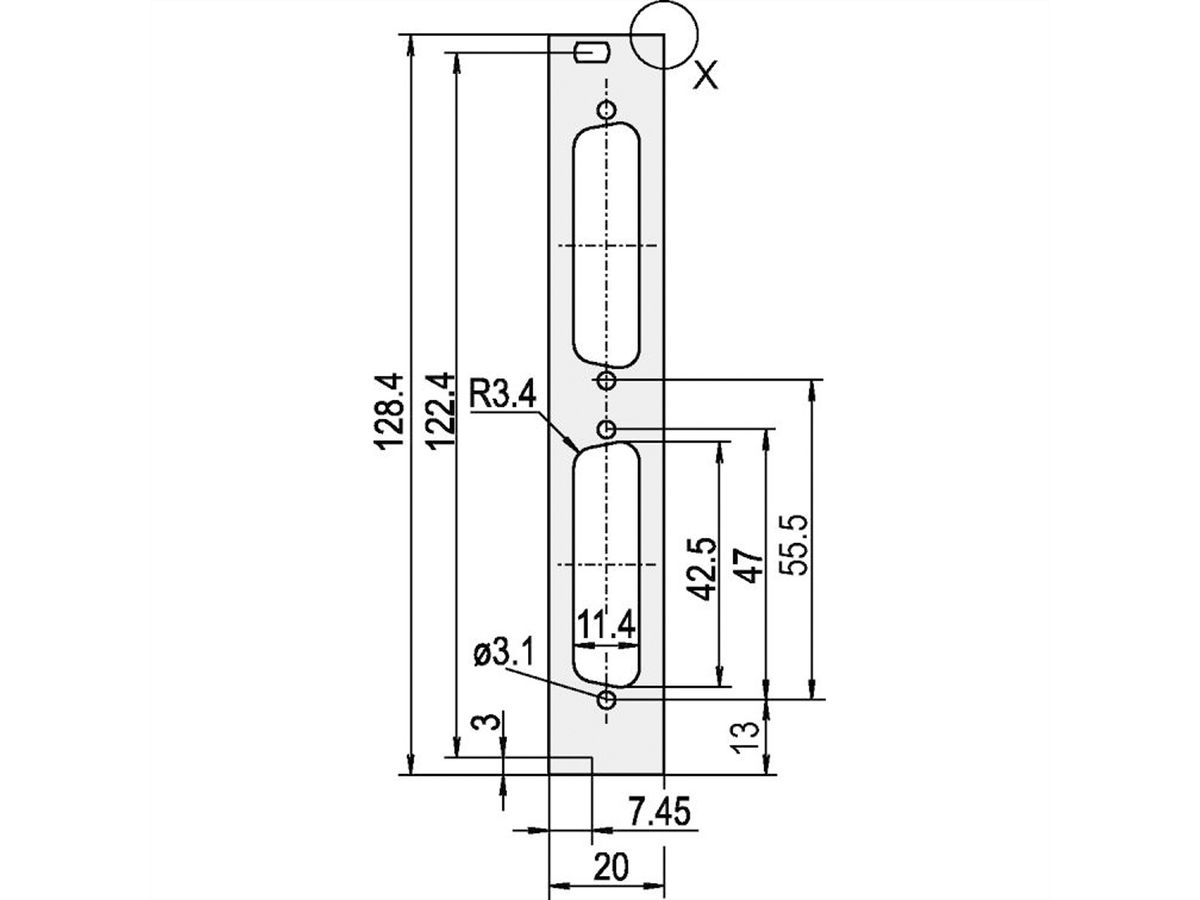 SCHROFF U-profile Front Panel, Shieldable, D-Sub Cutout, 3 U, 4 HP, 2 x 25 Pin, 2.5 mm, Al, Front Anodized, Rear Conductive
