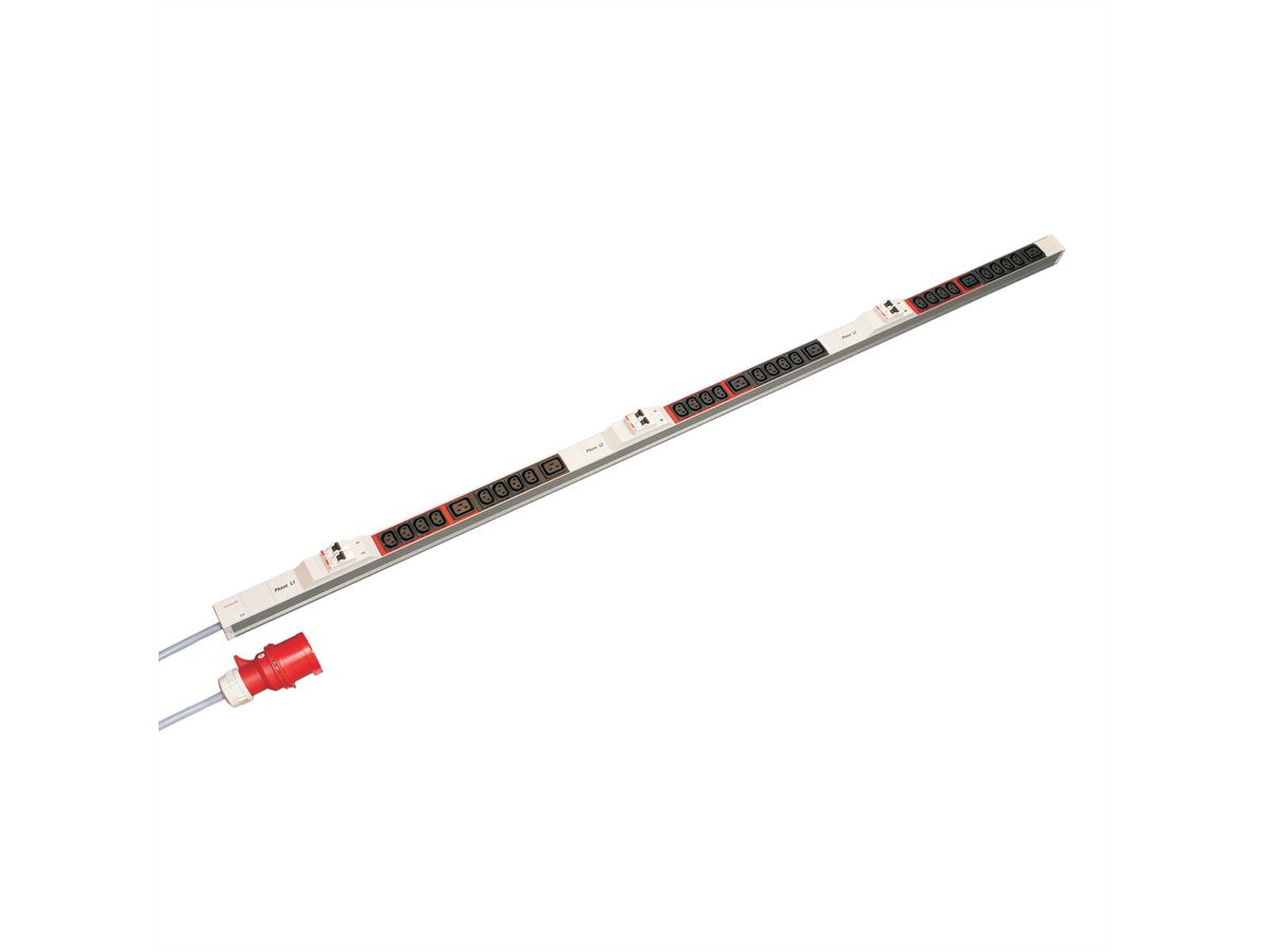 SCHROFF contactdoosstrip, IEC, 3-fase, 32 A, IEC 60309 Stekker, 24 x IEC C13 / 6 x IEC C19, Zekering 6 x 16 A