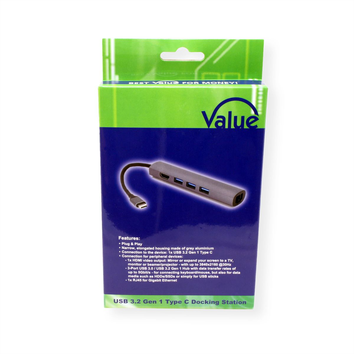 VALUE USB-C dockingstation, HDMI 4K, 3x USB type A, Gigabit Ethernet, grijs