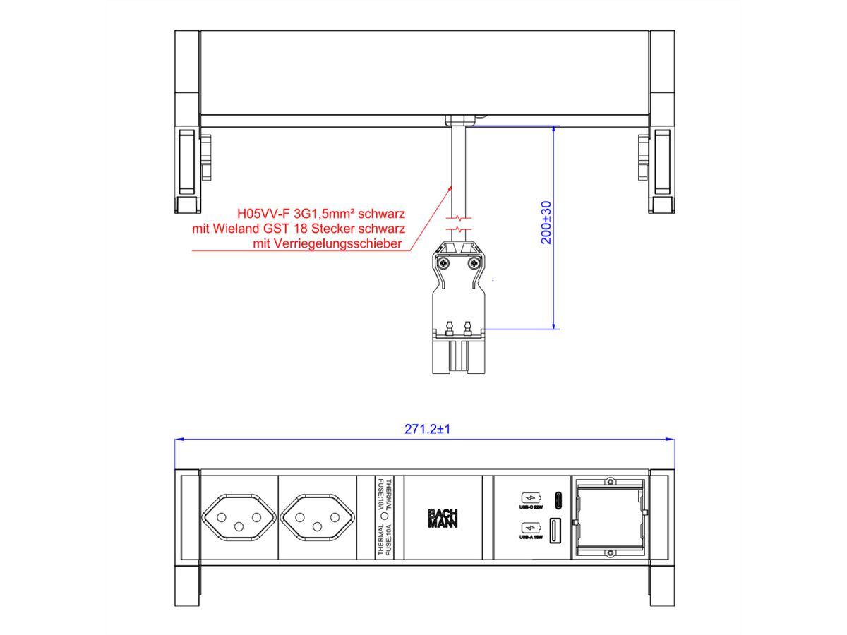 BACHMANN DESK2 2xCH 1xUSB A/C 22W 1xCM, 0,2m GST18 INOX Zwitserland