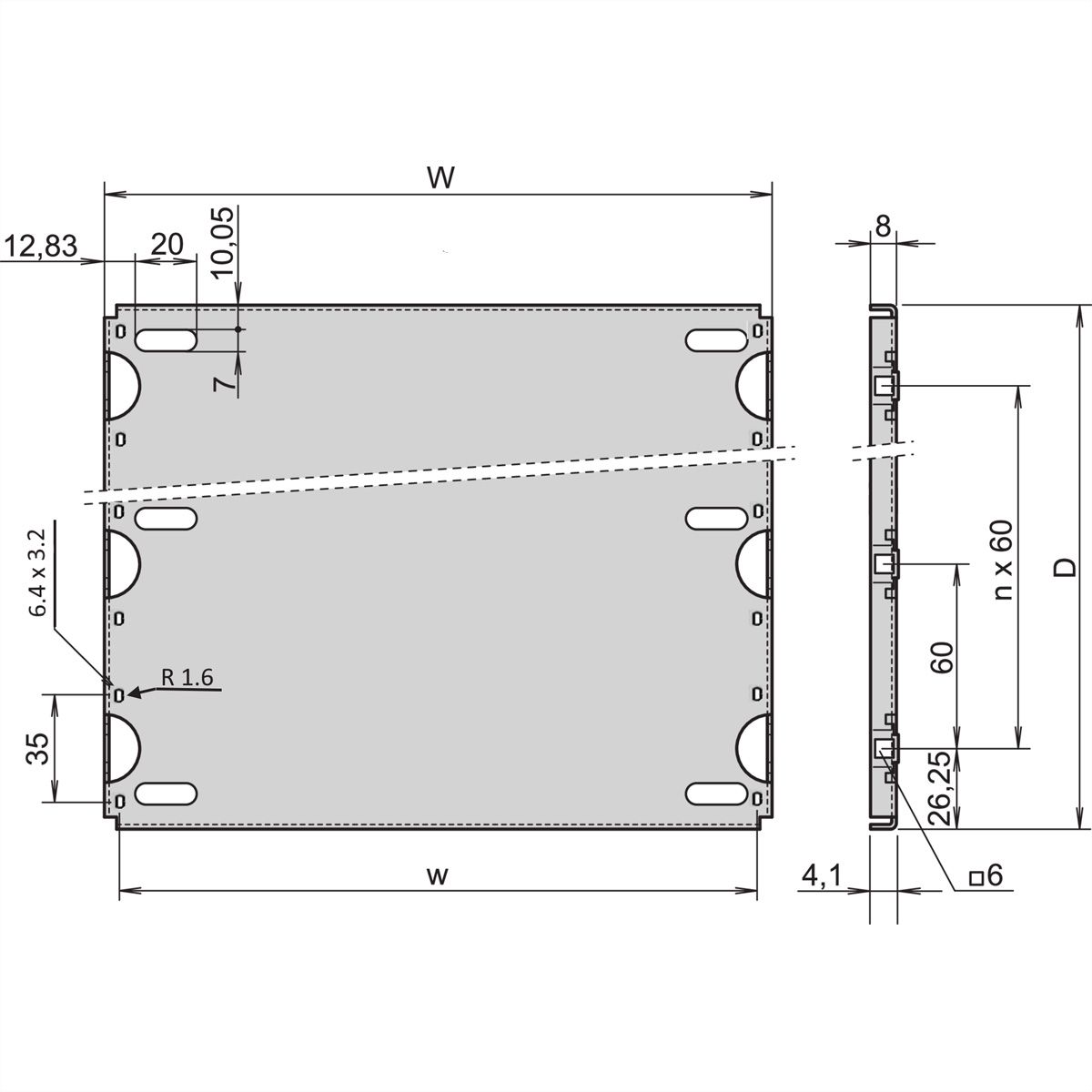 SCHROFF Montageplaat voor 19" kast en subrack, 28 HP, 220 mm planklengte