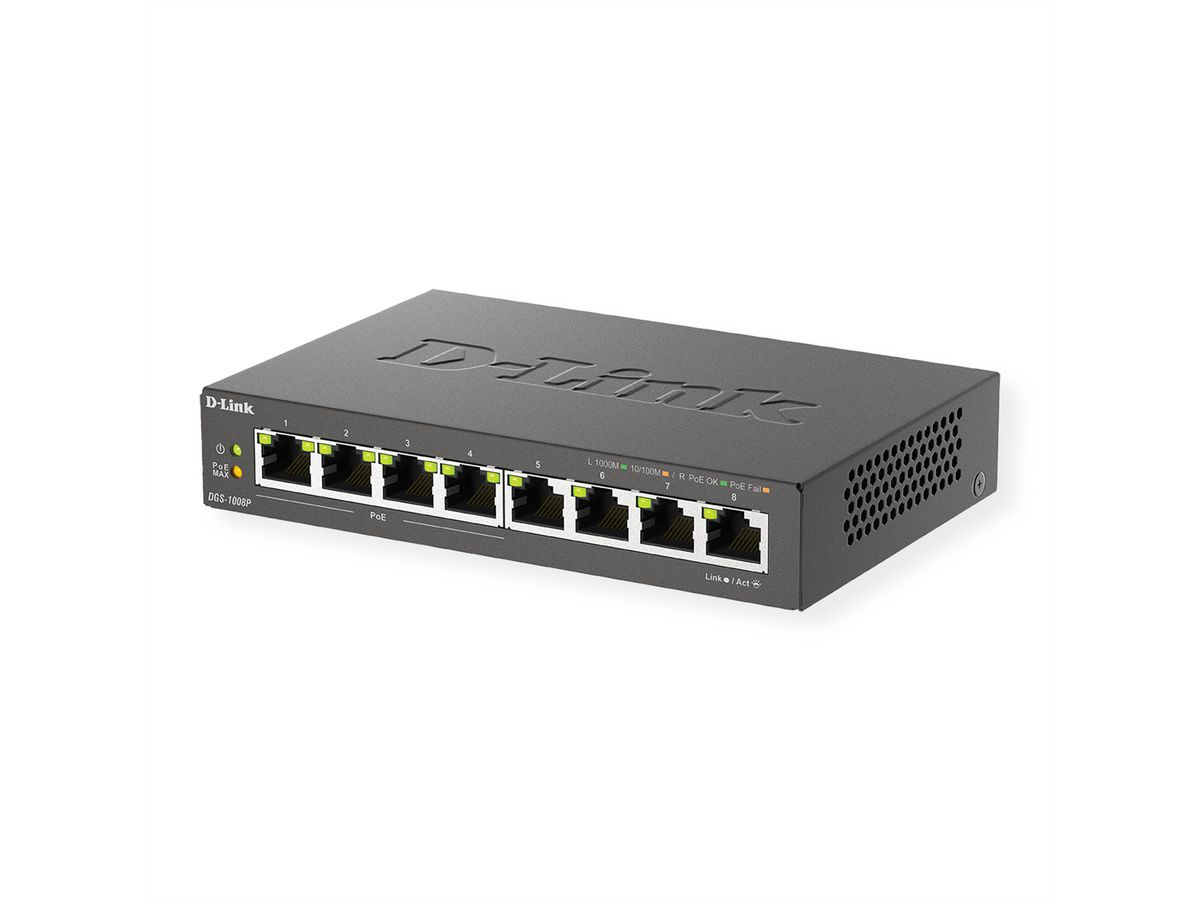 D-Link DGS-1008P 8-Poorts Gigabit PoE+ Unmanaged Desktop Switch