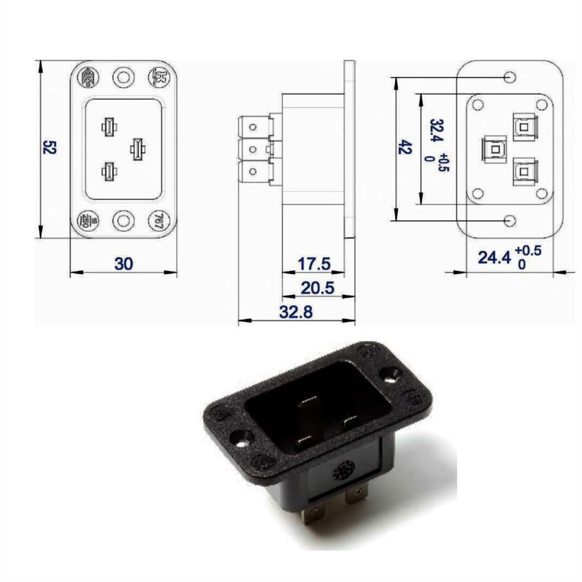 BACHMANN IEC320 C20 appliance inlet plug, black, thermoplastic, screw connection