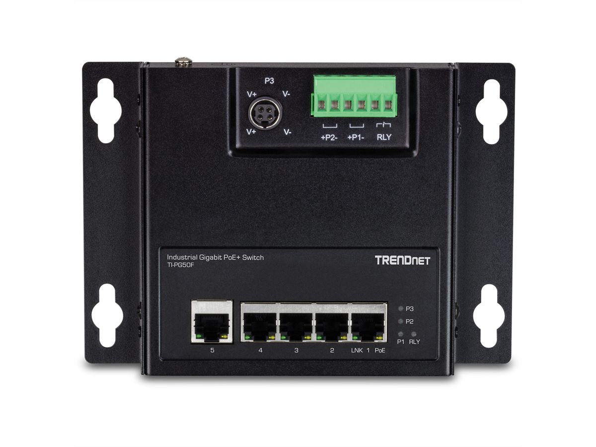 TRENDnet TI-PG50F 5-poorts Industriële PoE+ Gigabit Front Access Switch , wandmontage