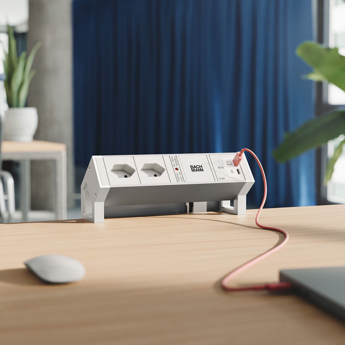 BACHMANN DESK2 ALU WHITE 2xCH 90°, 1xUSB C/C 65W L=0.2m RAL9010