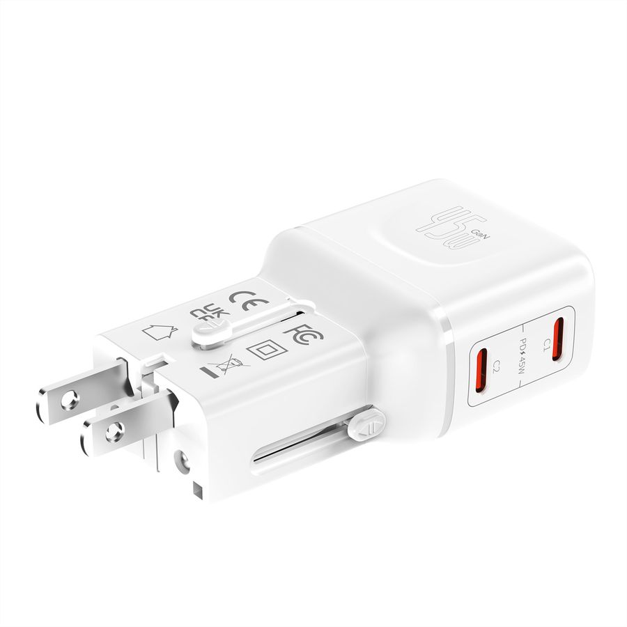 VALUE reisoplader met platte Euro/UK/US stekker, 2 USB-C-poorten, 45 W